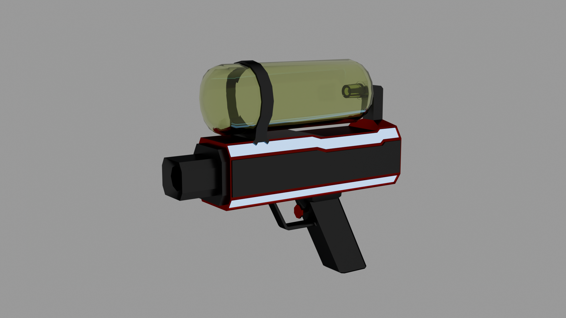 Een door mij ontworpen waterpistool, van rood en zwart metaal. Er zijn subtiele blauwe lampen die over de lengte van de loop liggen.
